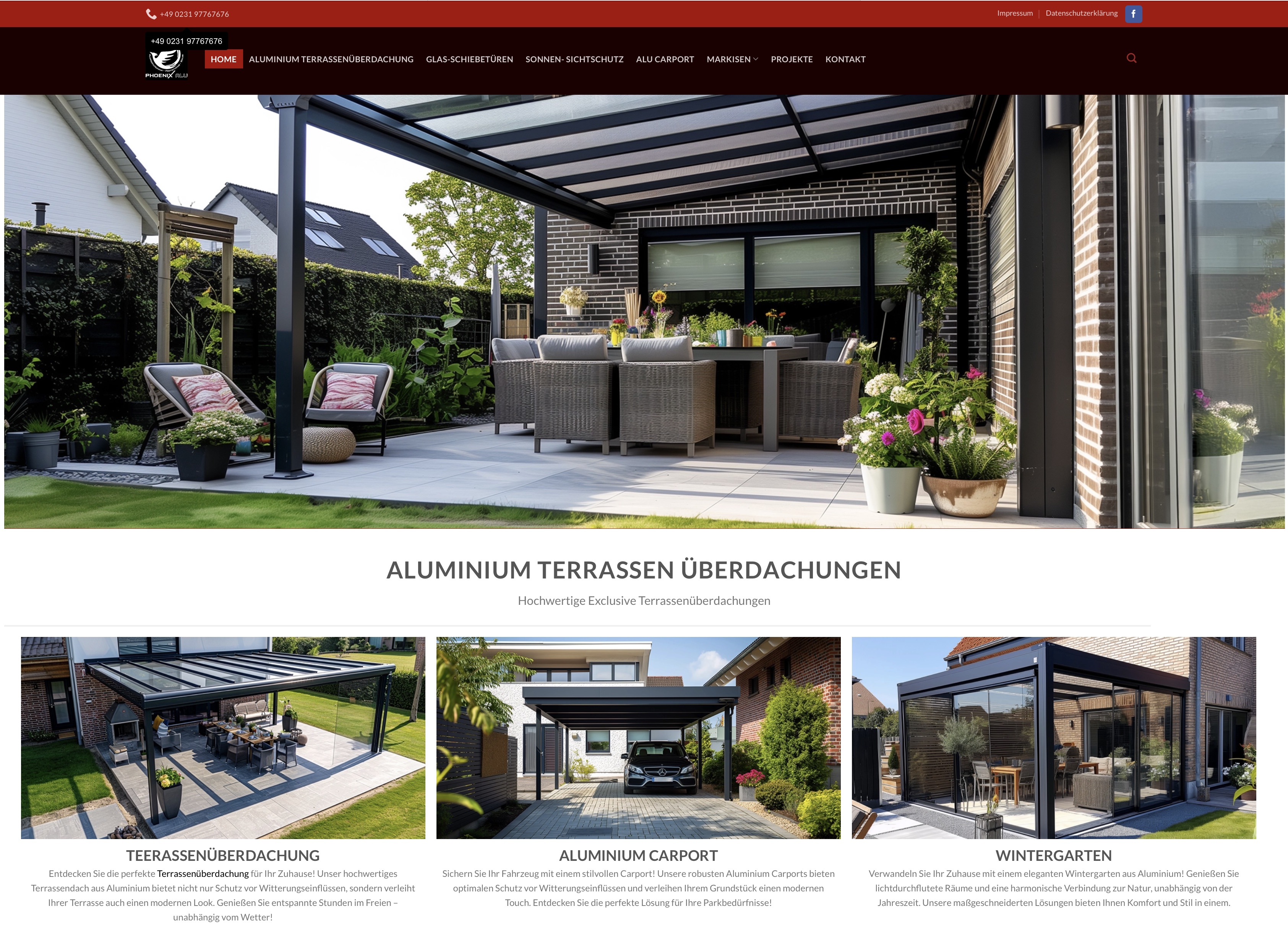Startseite der Referenzwebsite Phönix Alu Terrassenüberdachungen mit Terrassendach und Produktnavigation